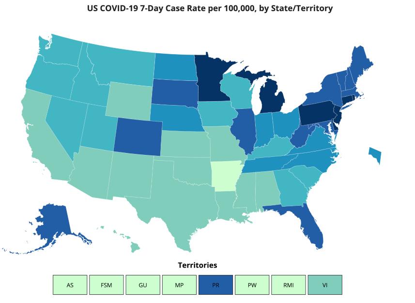 Map showing US COVID-19 7-day case rate by state